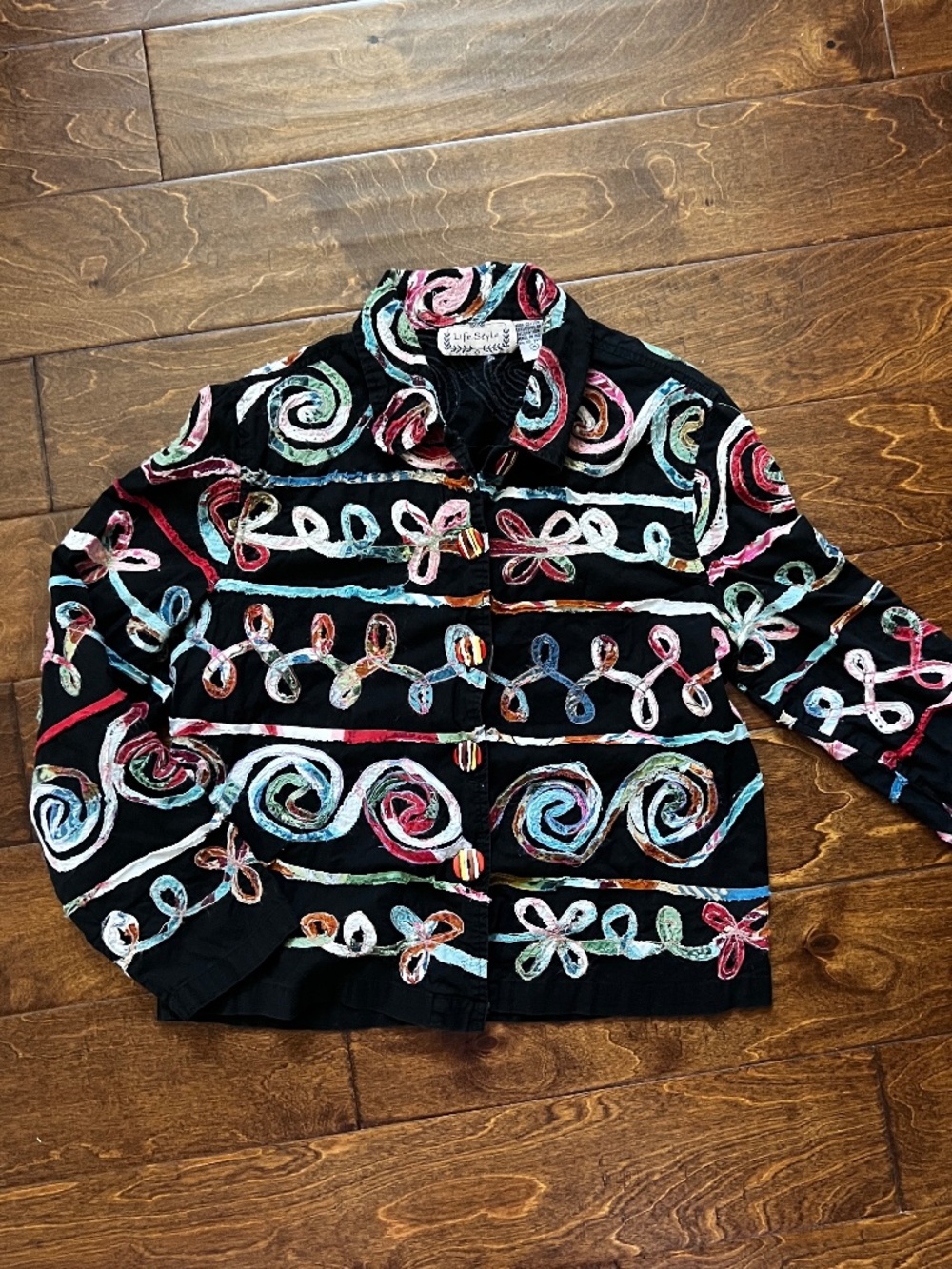 Life Style Black Multicolor Women’s Fabric Loop Design Open Front Jacket Medium